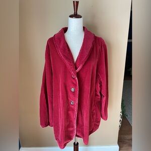 J Jill Womens Corduroy Shacket Jacket Button Down 4X Red Burgundy Velvet Trim #